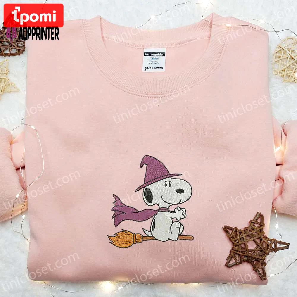 Snoopy witch fly embroidered t-shirt & peanuts halloween hoodie – best halloween gift ideas Embroidered Shirt