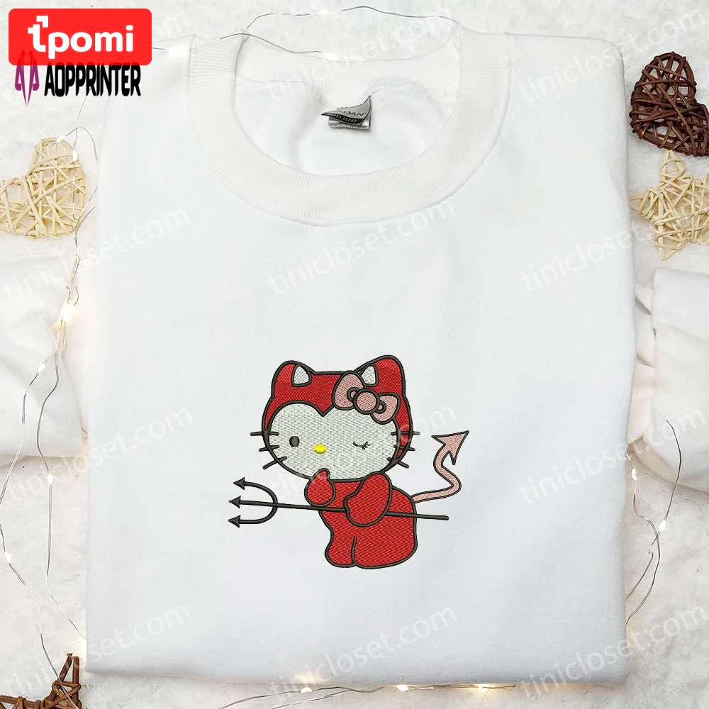 Spooktacular kitty devil embroidered sweatshirt hoodie & t-shirt – perfect for spirit halloween! Embroidered Shirt