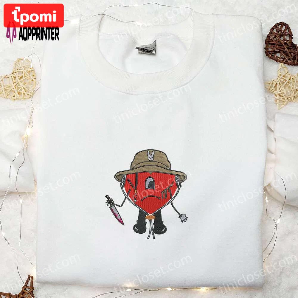 Spooky bad bunny sweatshirt with knife embroidery – perfect halloween gift Embroidered Shirt