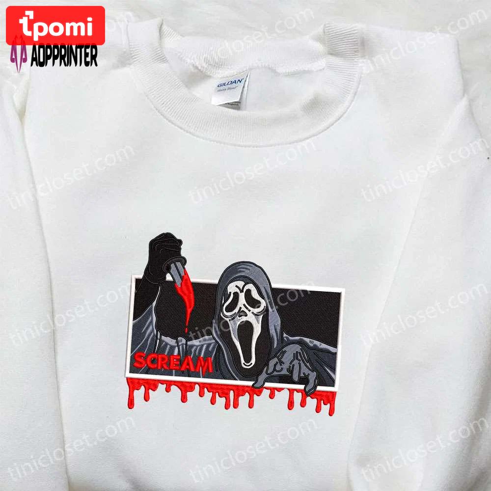Spooky ghostface scream embroidered sweatshirt – shop spirit halloween t-shirts & spooky shirts Embroidered Shirt