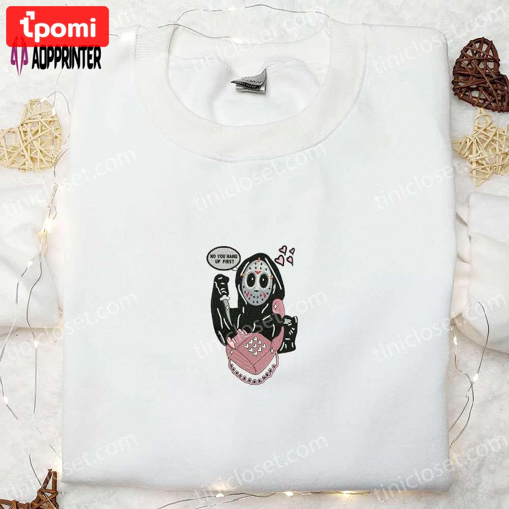 Spooky halloween embroidered shirt hoodie & t-shirt: no you hang up first jason – funny & stylish! Embroidered Shirt