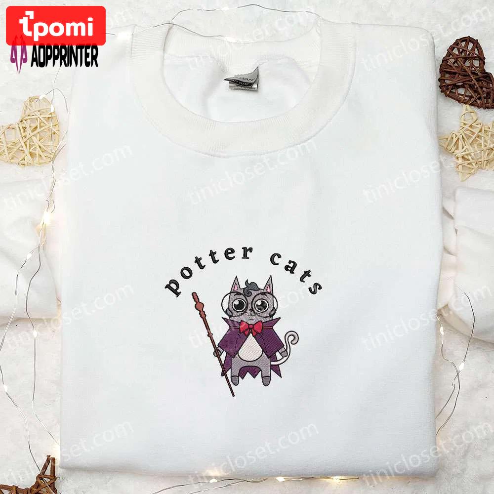 Spooky halloween potter cats embroidered shirt – adorable & stylish halloween cat design Embroidered Shirt