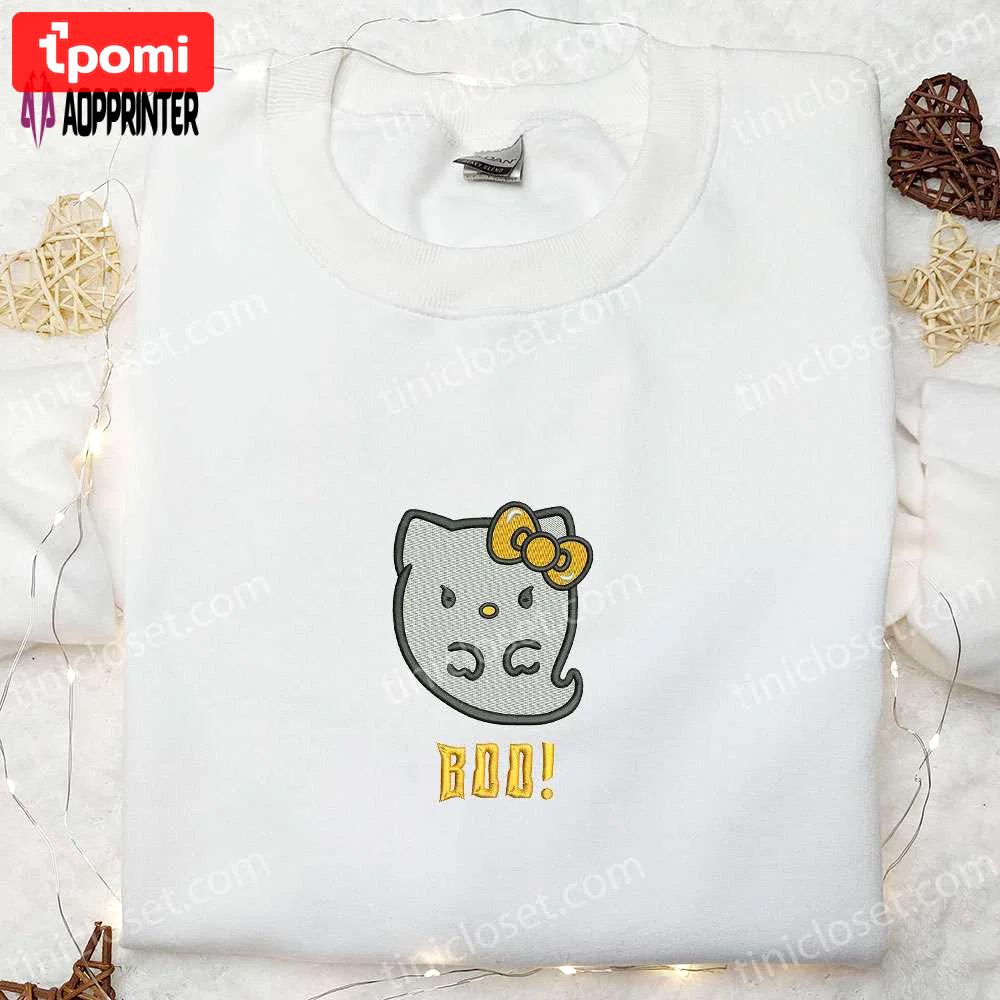 Spooky kitty boo ghost embroidered sweatshirt hoodie & t-shirt for a spirited halloween Embroidered Shirt