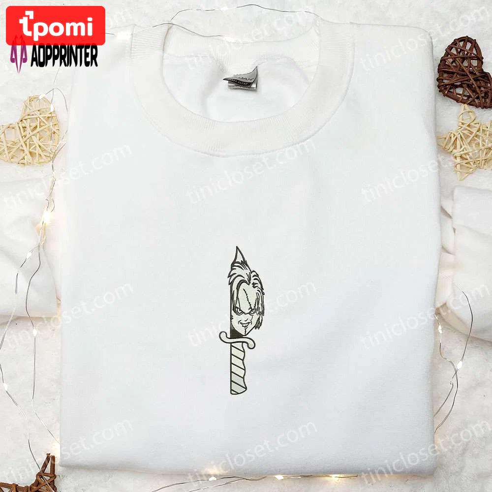 Spooky knife chucky hoodie: horror characters sweatshirt – perfect halloween gifts! Embroidered Shirt