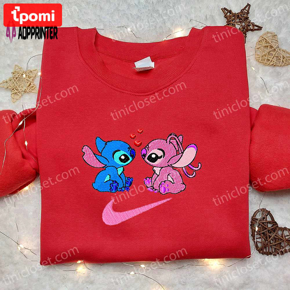 Stitch and angel love x nike swoosh cartoon embroidered shirt – lilo and stitch inspired Embroidered Shirt