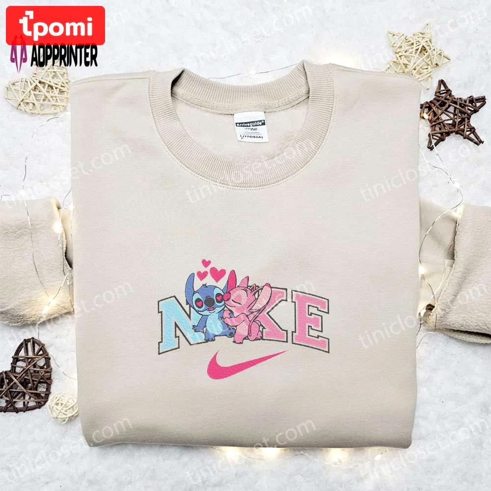Stitch angel couple love x nike embroidered sweatshirt lilo and stitch disney shirt – best valentine gift Embroidered Shirt