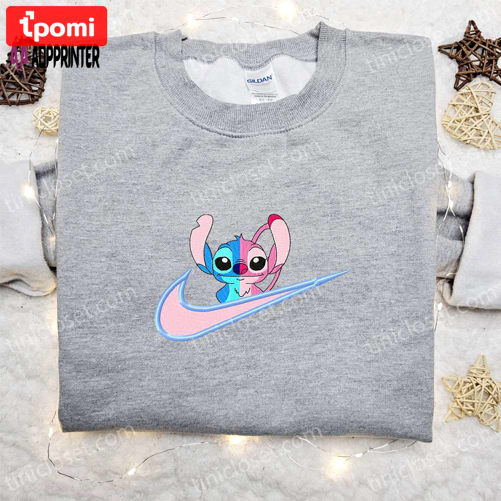 Stitch angel couple love x nike swoosh cartoon embroidered shirt – perfect lilo and stitch gift for family Embroidered Shirt