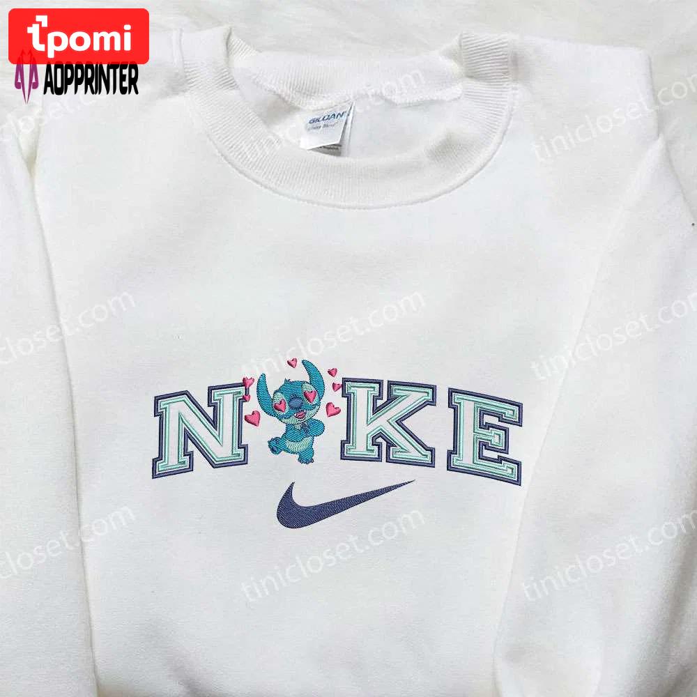 Stitch love x nike embroidered sweatshirt: lilo and stitch cartoon shirt – nike inspired design Embroidered Shirt
