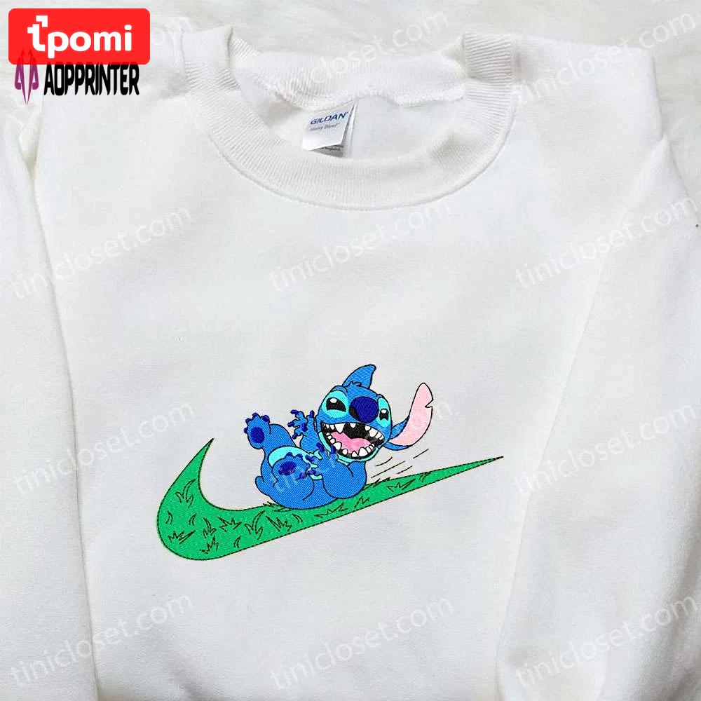 Stitch x nike swoosh cartoon embroidered tshirt – best nike inspired gift for family Embroidered Shirt
