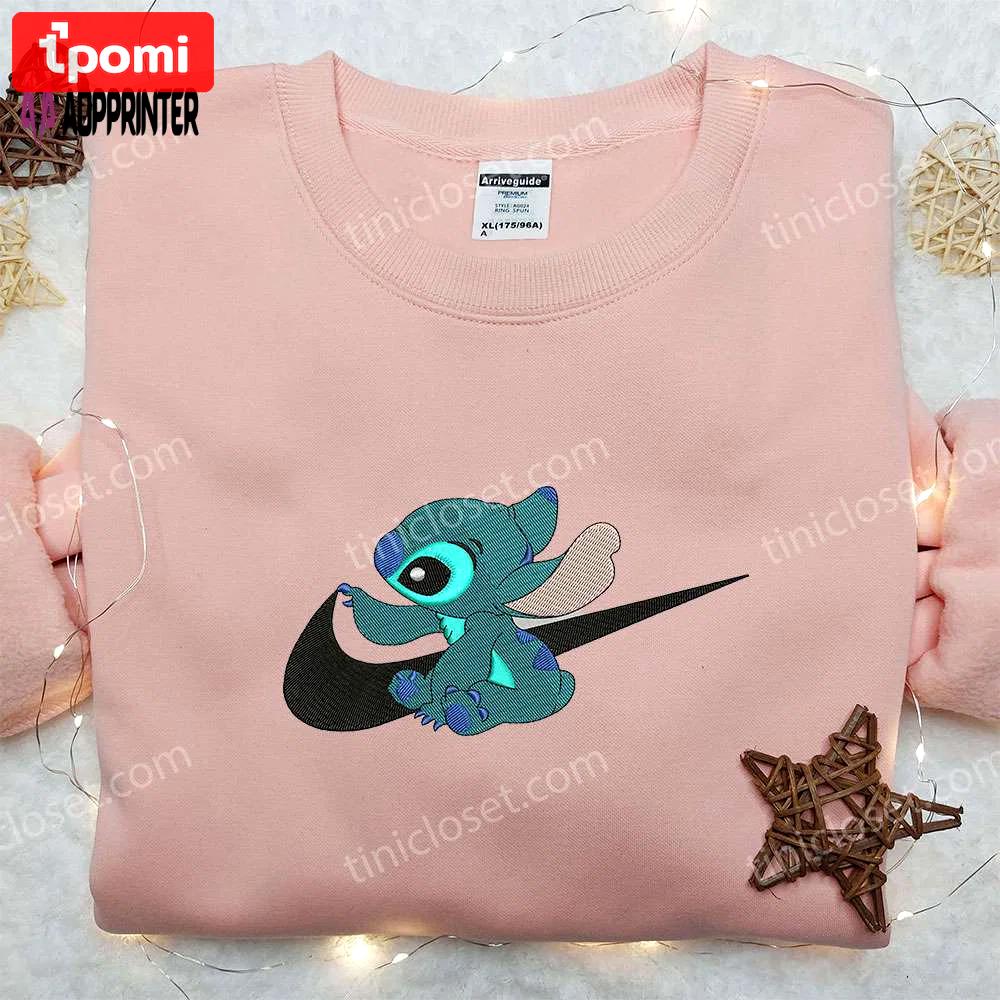 Stitch x nike swoosh sweatshirt: lilo and stitch cartoon embroidered shirt nike inspired Embroidered Shirt