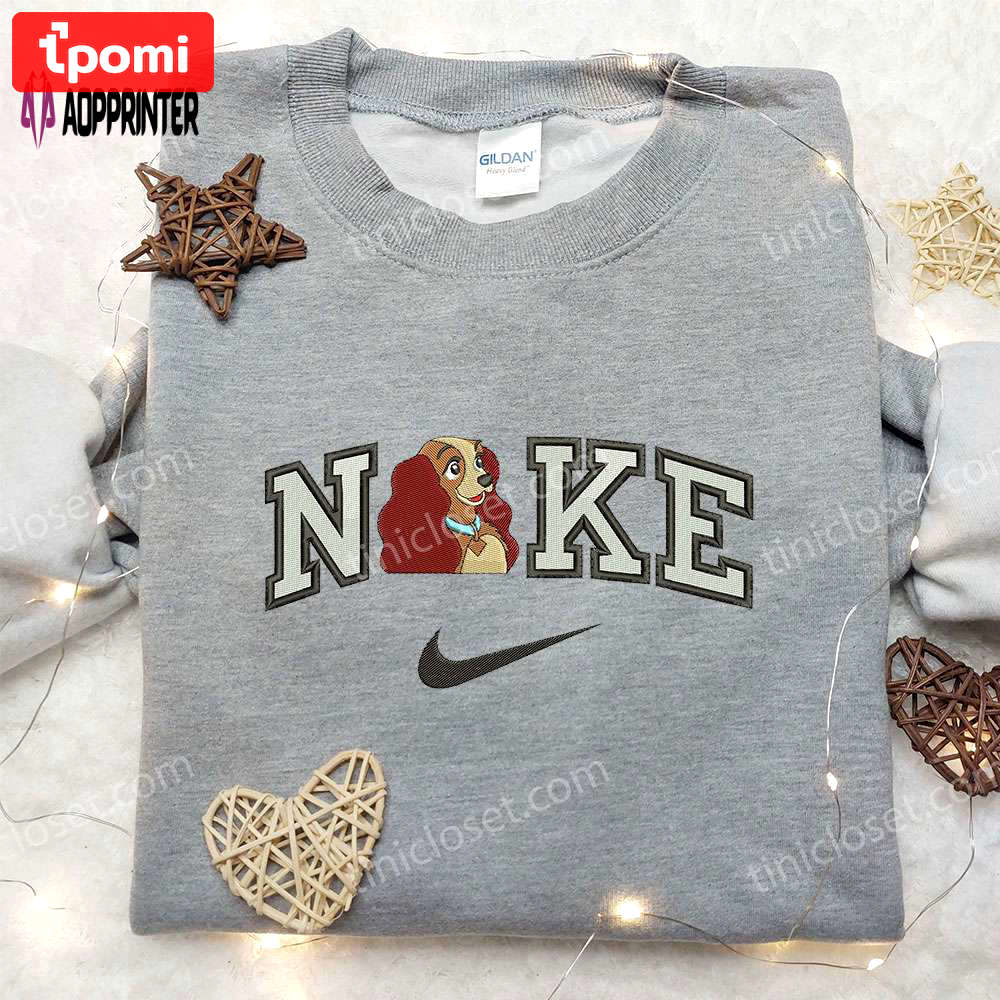 Stylish lady x nike embroidered shirt – lady and the tramp design – customizable nike shirt Embroidered Shirt