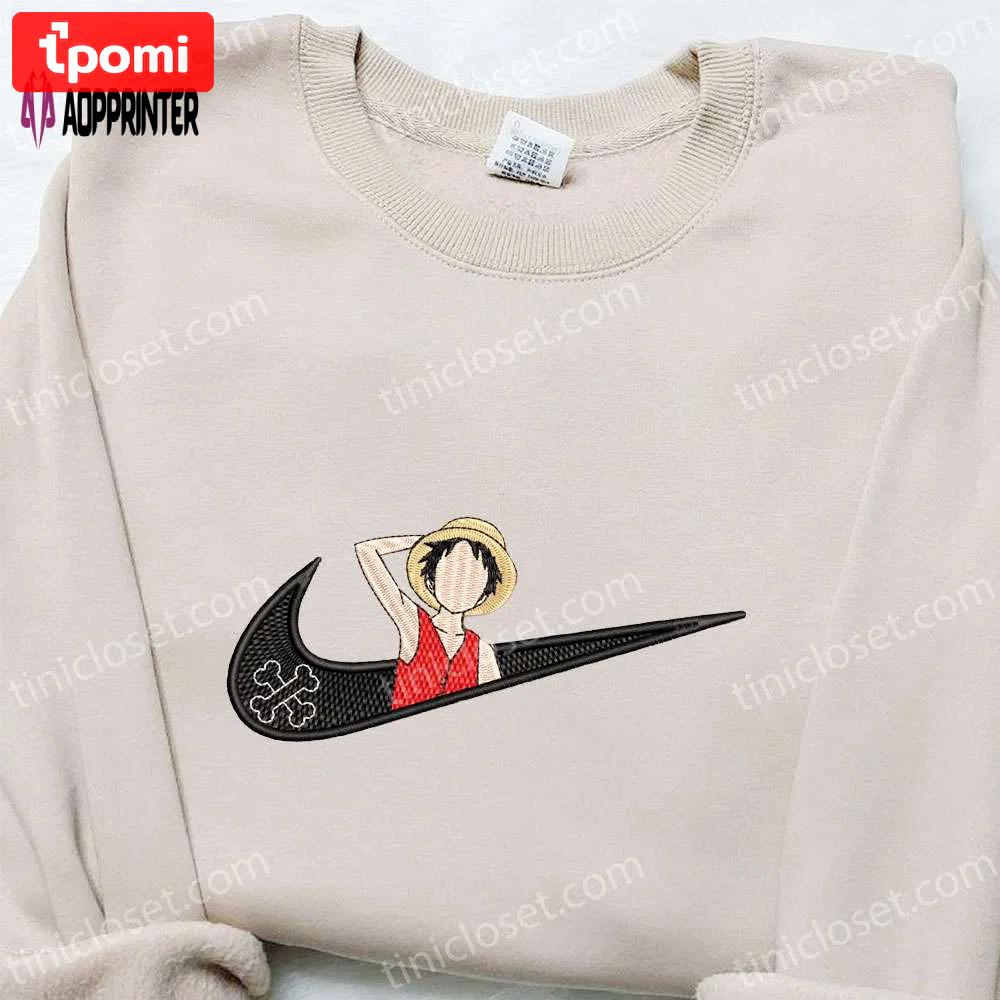 Swoosh x monkey d luffy anime embroidered sweatshirt – nike inspired cool anime clothing Embroidered Shirt