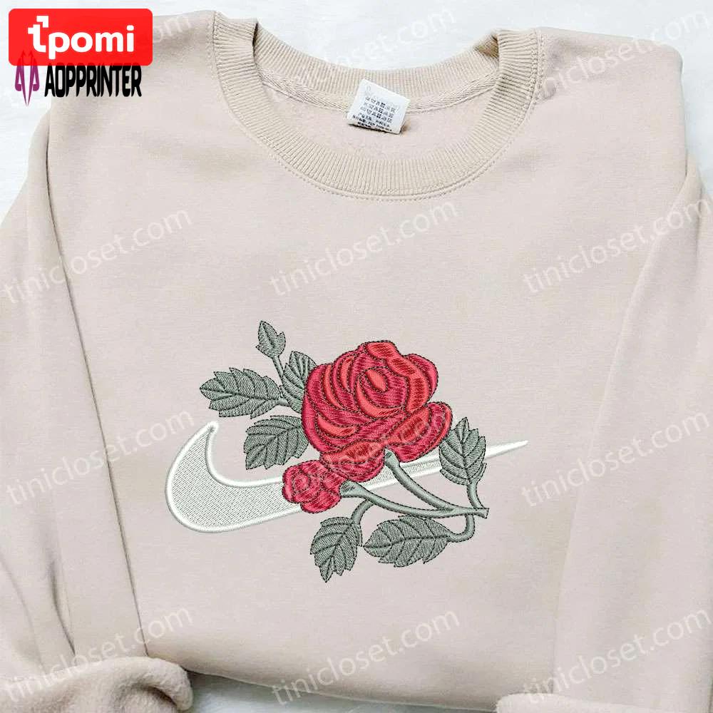 Swoosh x rose flower embroidered hoodie: nike inspired shirt perfect family gift Embroidered Shirt