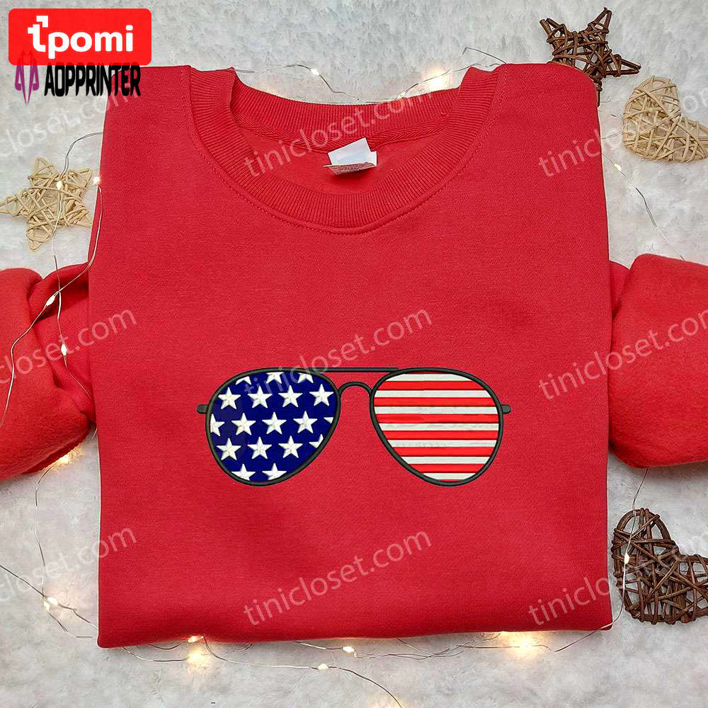 Usa flag x sunglasses embroidered shirt: national day gifts for patriotic fashion Embroidered Shirt