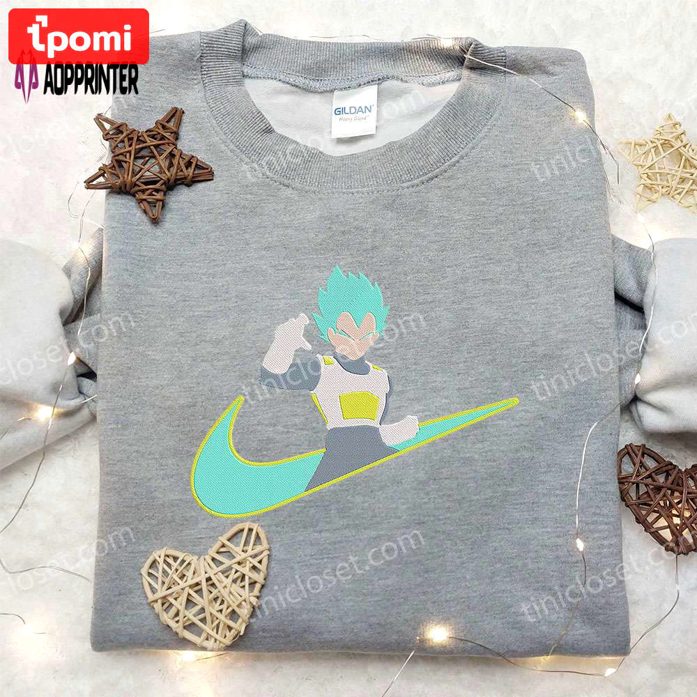 Vegeta super saiyan x nike swoosh anime embroidered hoodie & dragon ball shirt – nike inspired apparel Embroidered Shirt