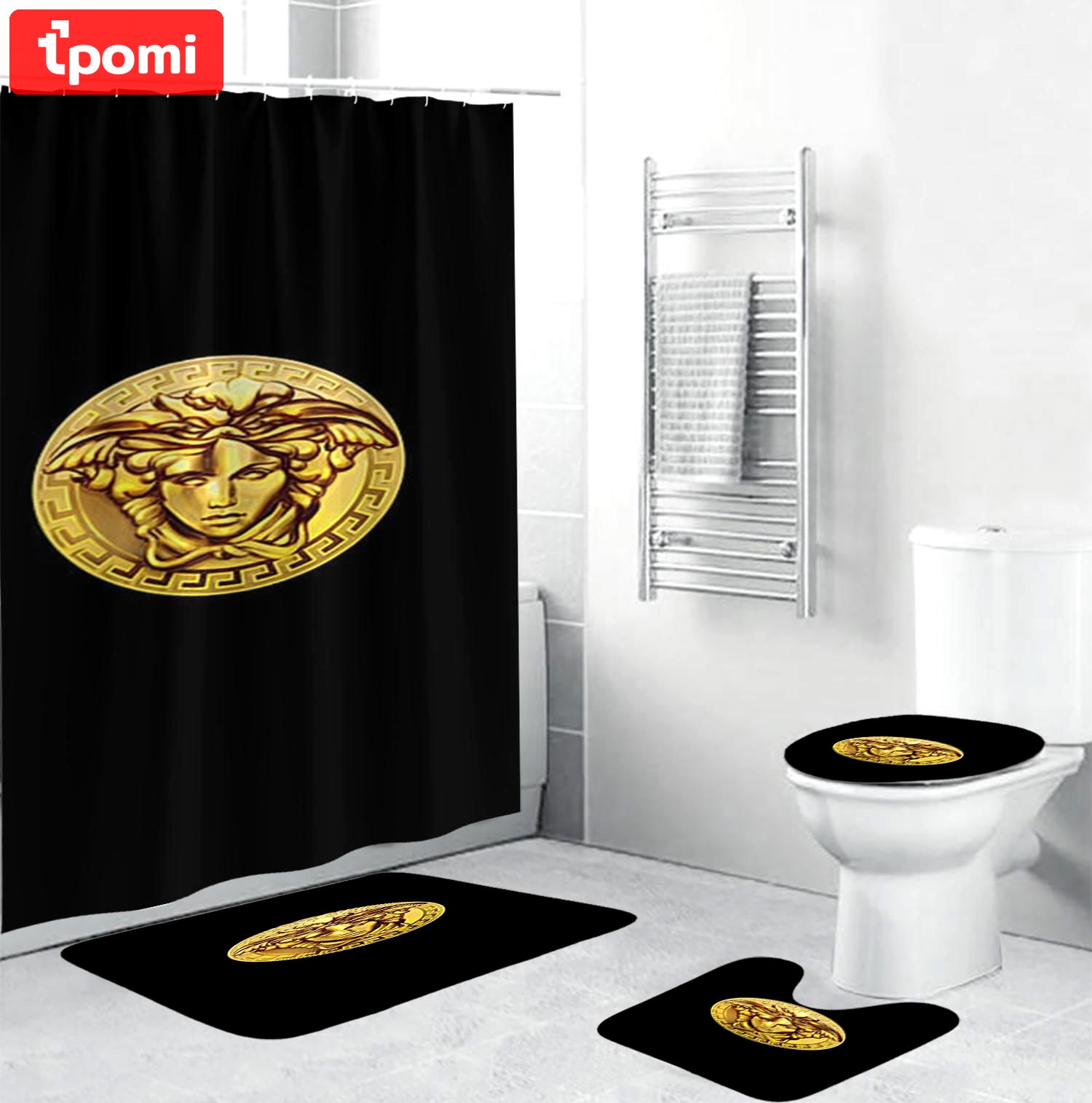 Versace golden logo in mistic black bathroom set shower curtain set Bathroom Set