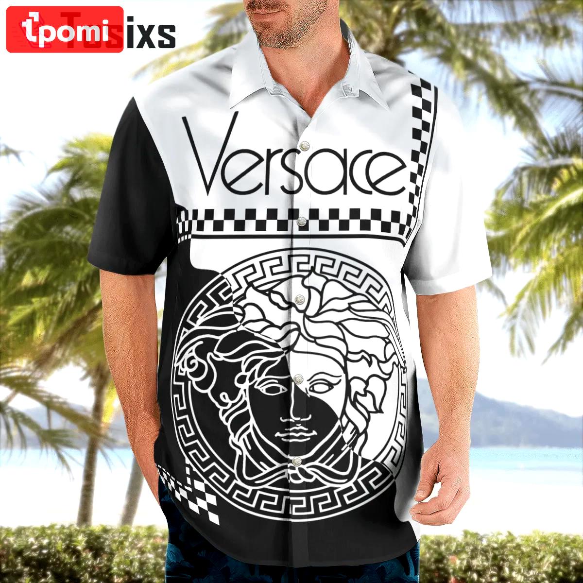 Versace medusa black white luxury brand premium fashion hawaii shirt for men 43 hawaii shirt Hawaii Shirt Shorts & Flip Flops