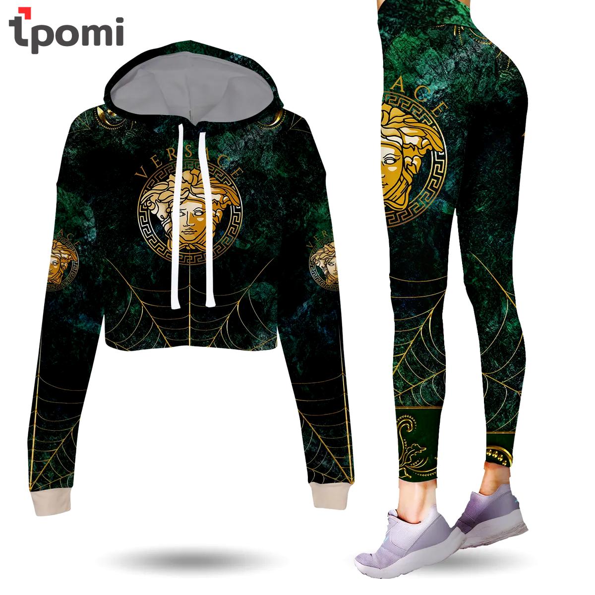 Versace medusa spider silk luxury brand clothes leggings and crop top set for women Croptop Hoodie Legging Set