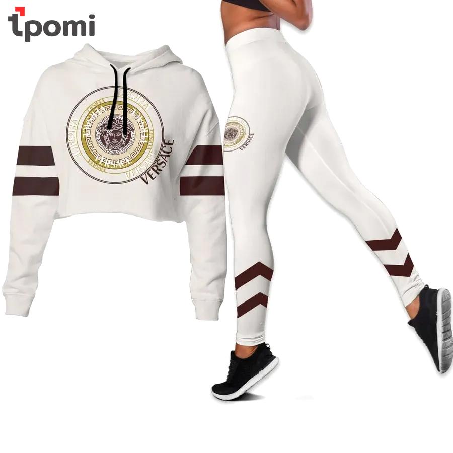Versace medusa white luxury brand clothes leggings and crop top set for women Croptop Hoodie Legging Set