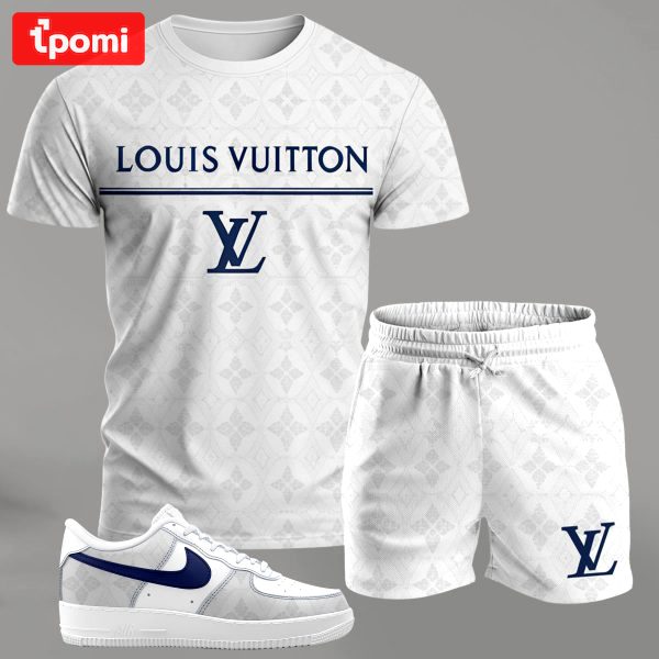 White minimalist streetwear set for men, logo-print t-shirt and shorts combo with blue-accent sneakers T-Shirt Short Sneakers Set
