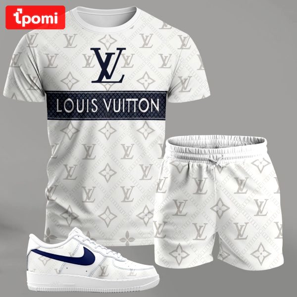 White monogram streetwear set for men, contrast stripe t-shirt and matching shorts with blue-accent sneakers T-Shirt Short Sneakers Set