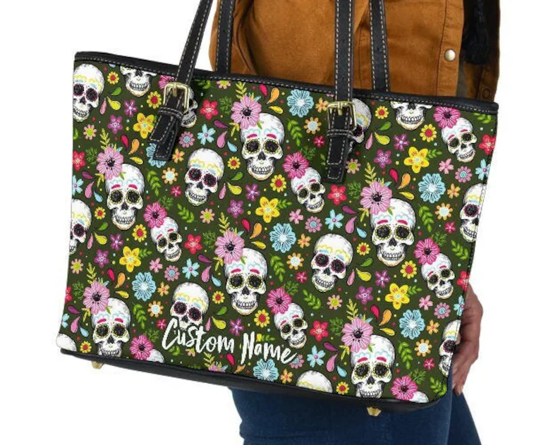 Sugar skull leather handbag - shoulder tote bag 149