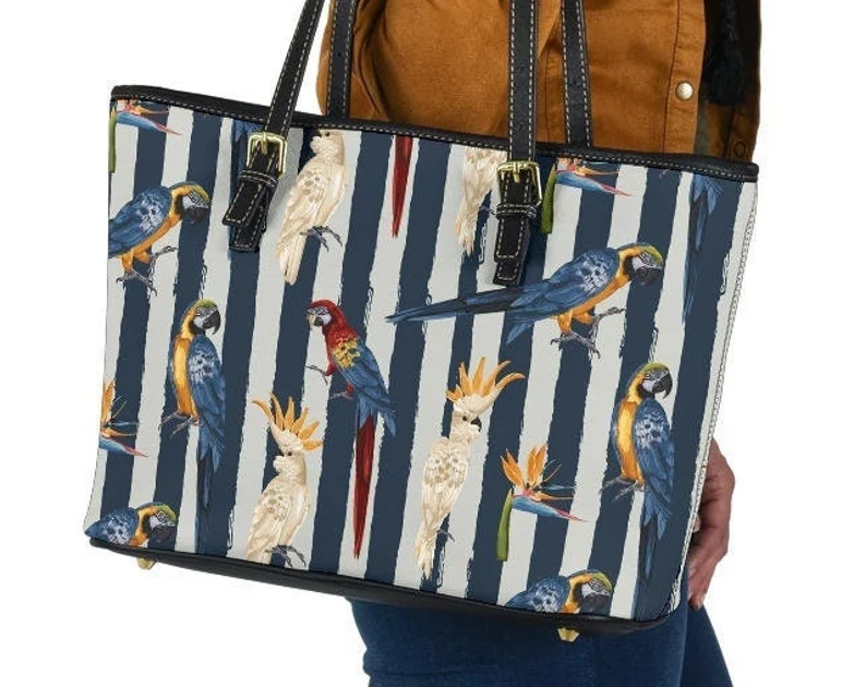 Tropical birds leather handbag - shoulder tote bag 221