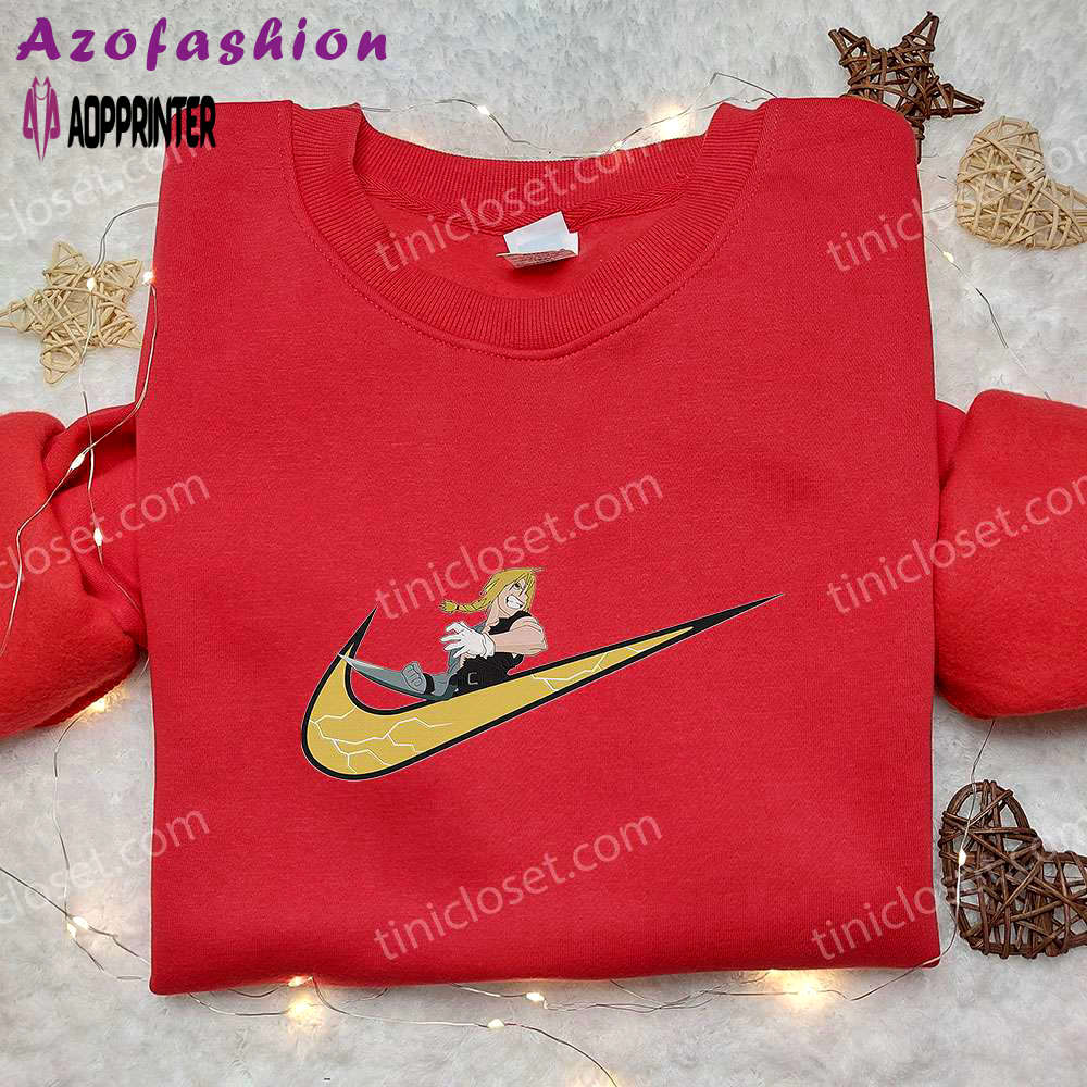 Anime embroidered hoodie: edward elric x nike swoosh fullmetal alchemist & nike inspired shirt Embroidered Shirt