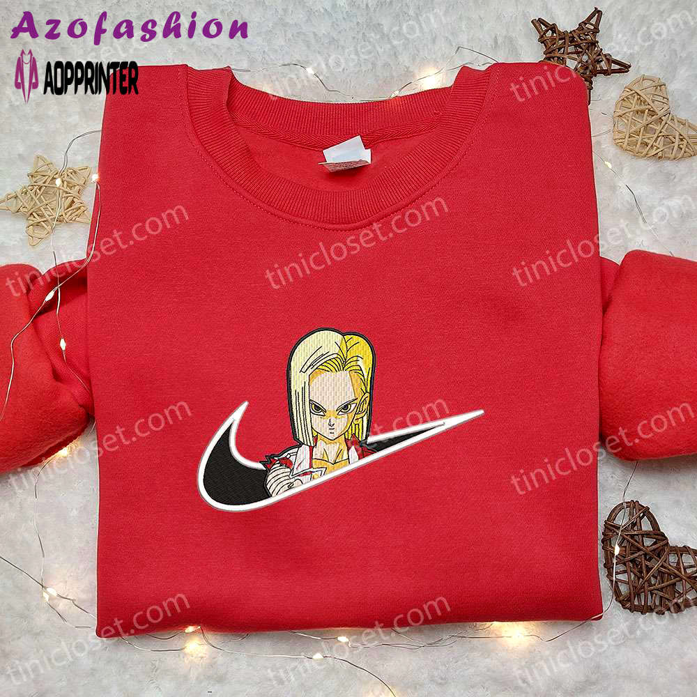 Anime-inspired android 18 x nike swoosh embroidered shirt – dragon ball & nike inspired design Embroidered Shirt