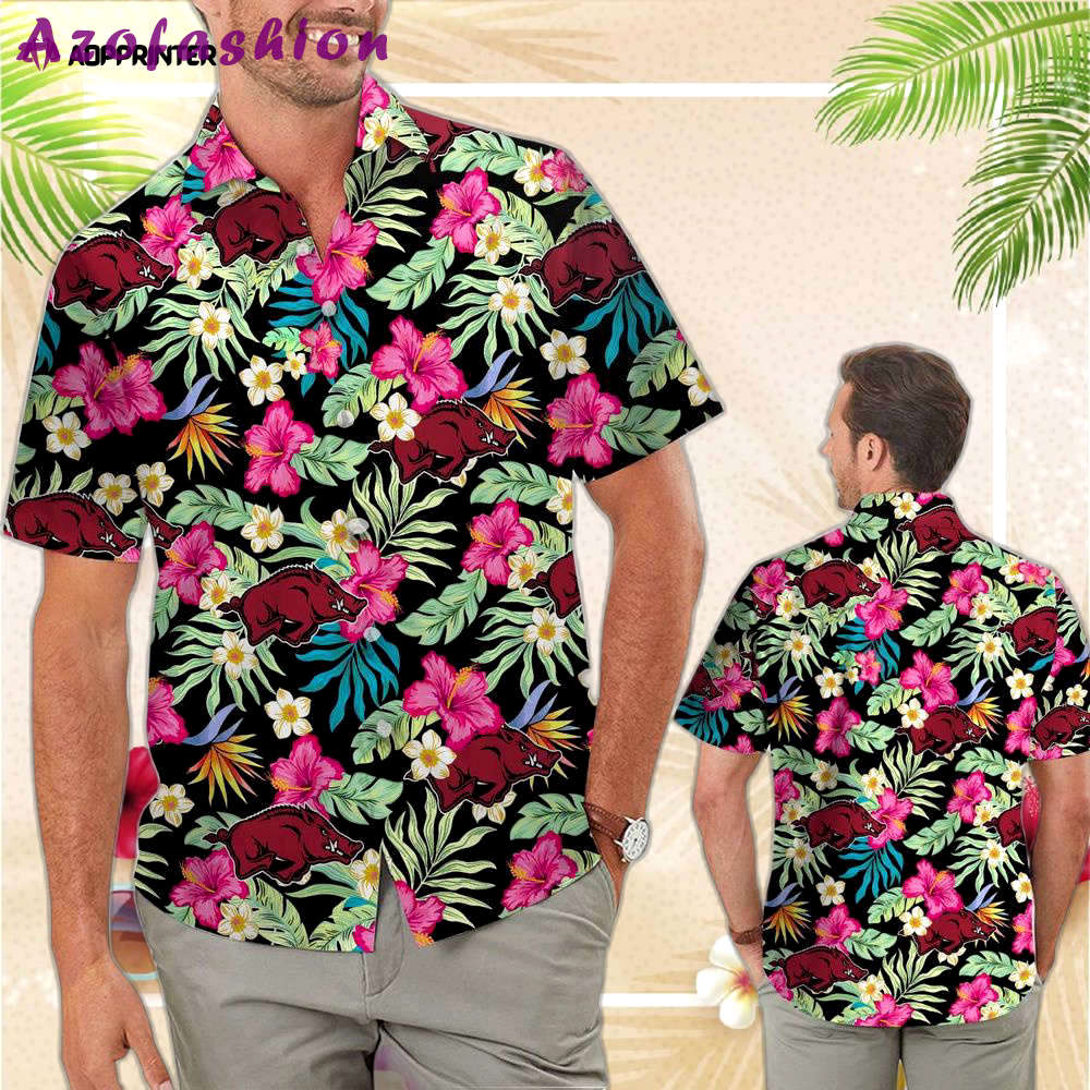 Arkansas razorbacks hibiscus tropical aloha hawaiian shirts Hawaii Shirt
