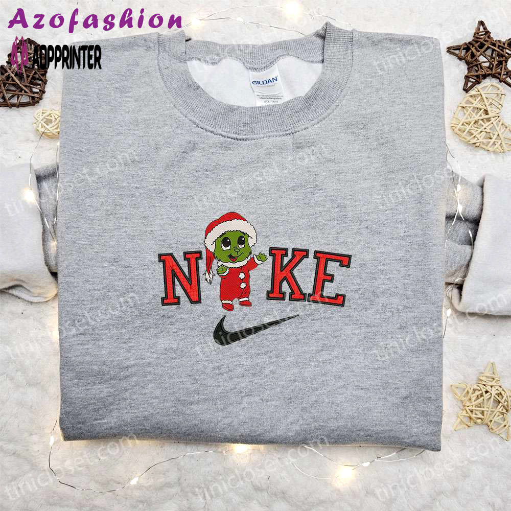 Baby grinch santa x nike embroidered sweatshirt – festive movie christmas shirt perfect gift idea Embroidered Shirt