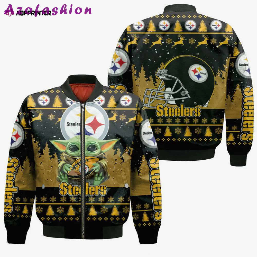 Baby yoda hugs pittsburgh steelers christmas pattern bomber jacket – yellow and black Bomber Jacket