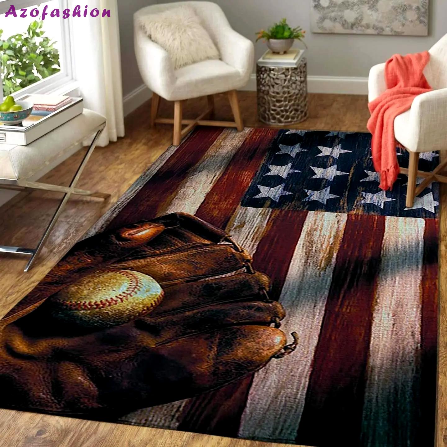 Baseball ball & glove on american flag area rug football living room carpet home rug regtangle carpet floor decor home decor Rectangle Rug