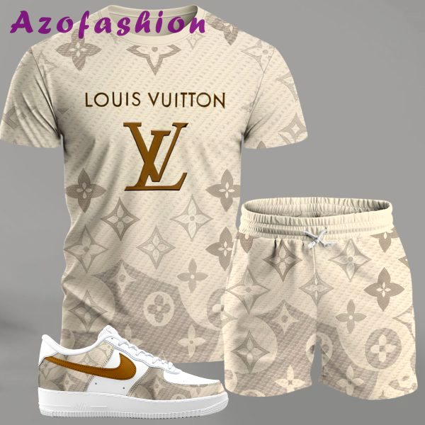 Beige monogram streetwear set for men, gradient pattern t-shirt and matching shorts with gold-accent sneakers T-Shirt Short Sneakers Set