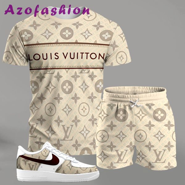 Beige monogram streetwear set for men, stripe-logo t-shirt and matching shorts with red-accent sneakers T-Shirt Short Sneakers Set