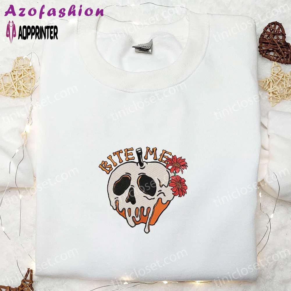 Bite me skull poison apple halloween embroidered shirt – best halloween gift for family Embroidered Shirt