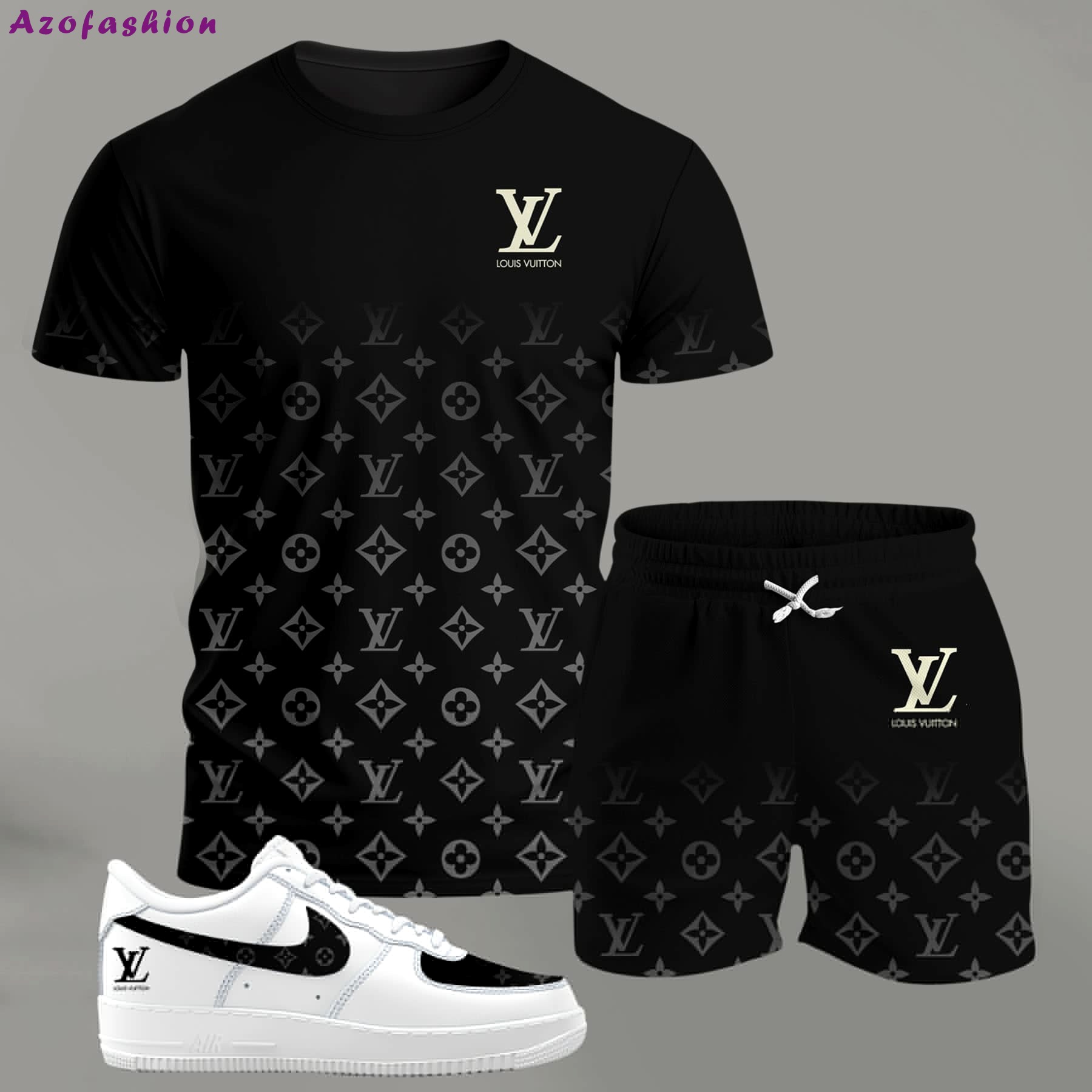 Black gradient monogram set for men, minimal luxury t-shirt and shorts combo with clean contrast sneakers T-Shirt Short Sneakers Set