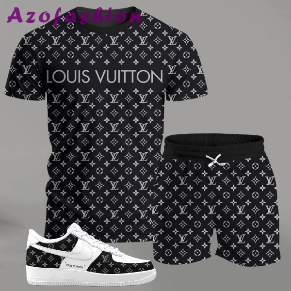 Black monogram streetwear set for men, all-over pattern t-shirt and shorts combo with white sneakers T-Shirt Short Sneakers Set