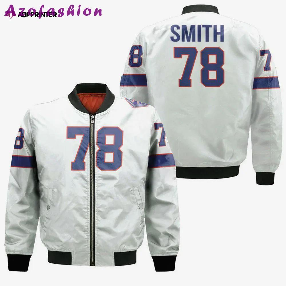 Buffalo bills bruce smith great player bomber jacket – white Bomber Jacket