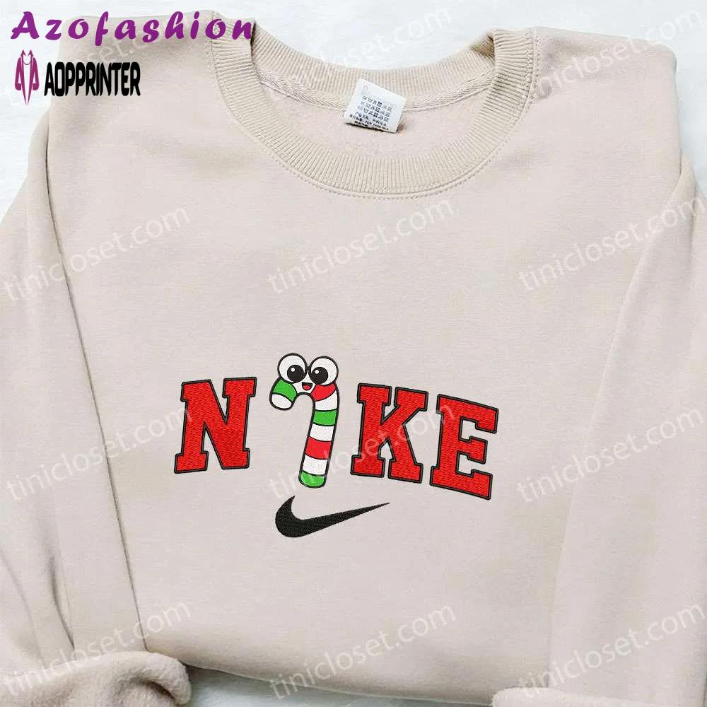 Candy cane x nike christmas embroidered sweatshirt & cartoon shirt: best christmas gift ideas Embroidered Shirt