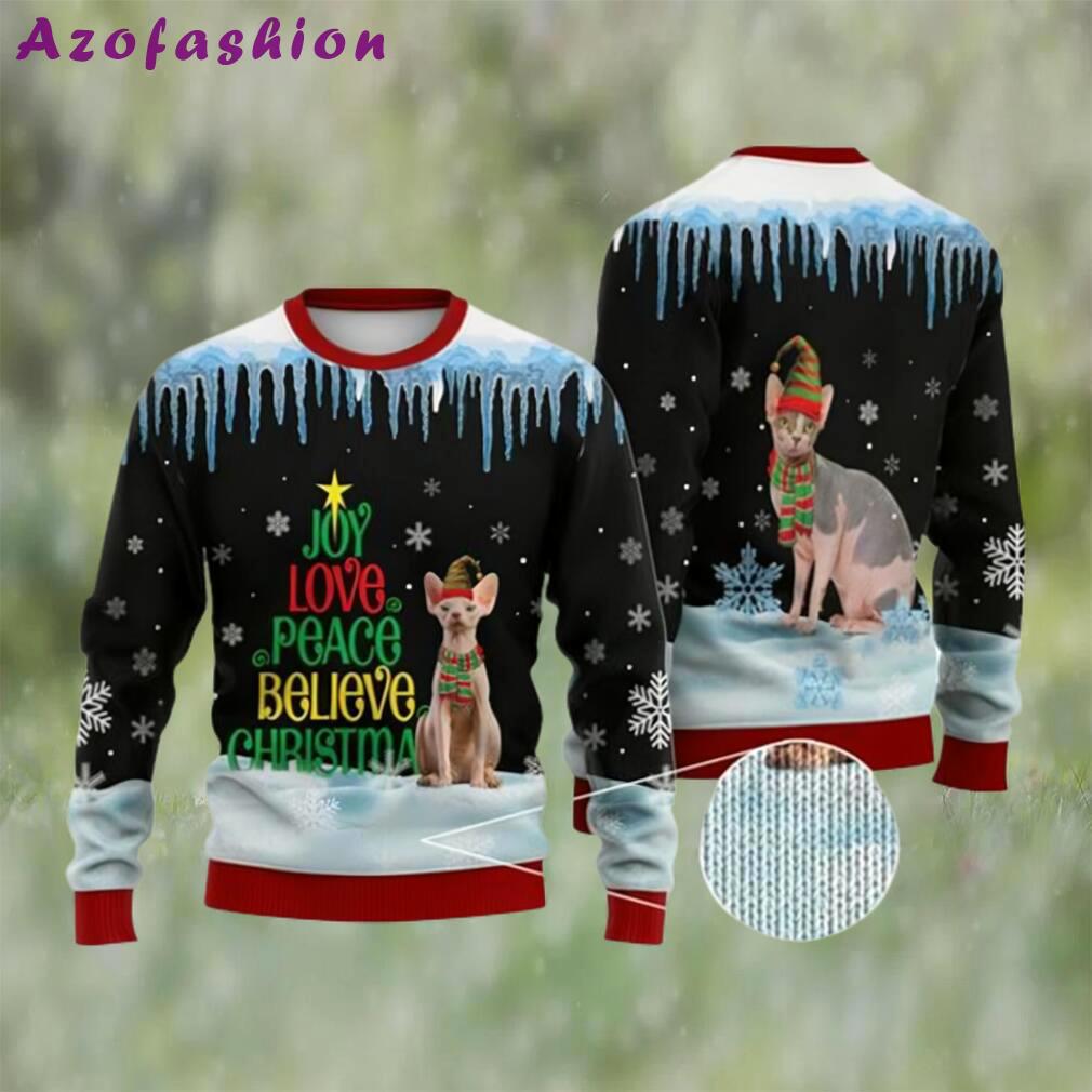Cat christmas sweater, sphynx cat joy love peace believe ugly christmas sweater Christmas Ugly Sweater