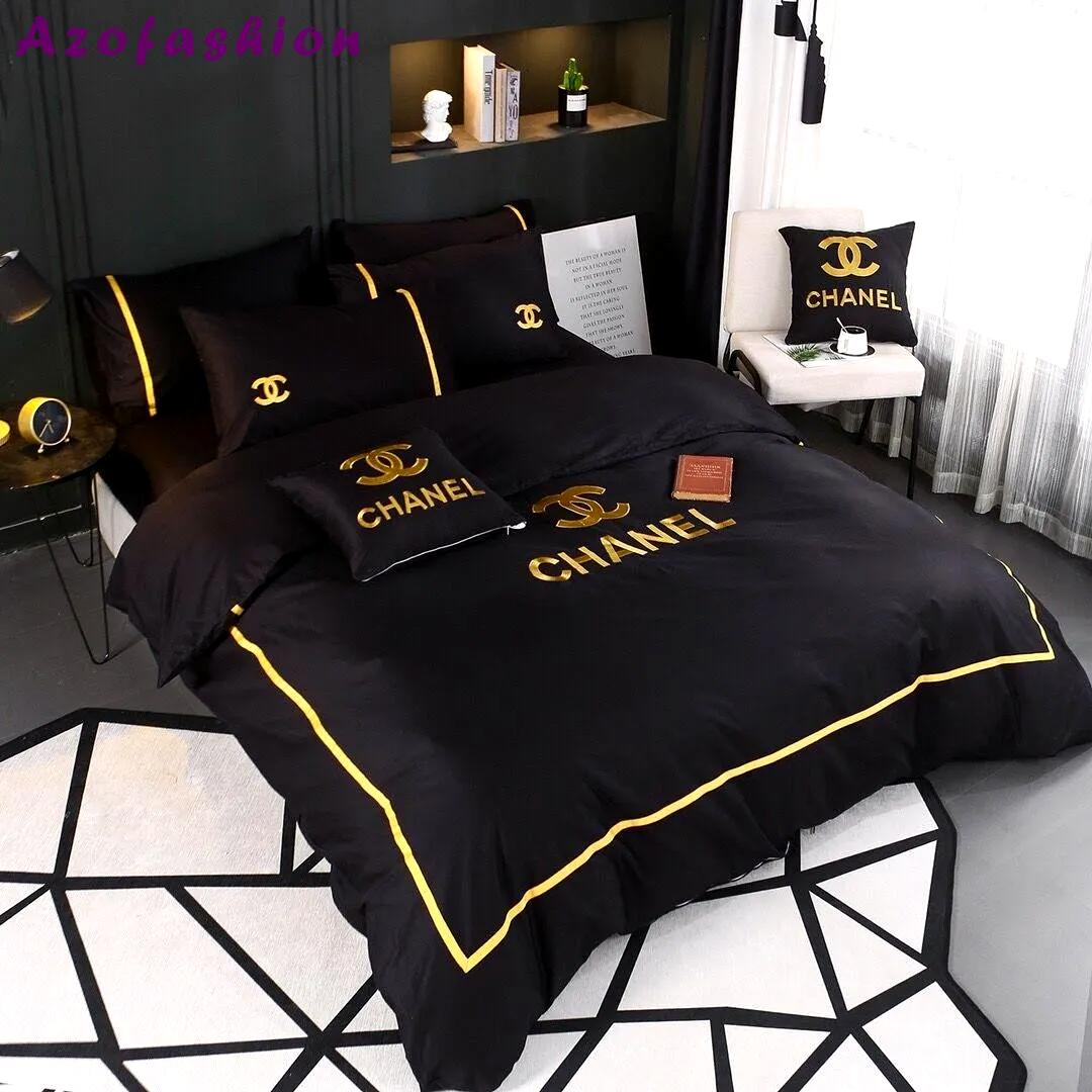 Chanel black luxury brand high-end bedding sets, bedroom decor , thanksgiving decorations for home best luxury bed sets gift thankgivings and christmas Bedding Sets