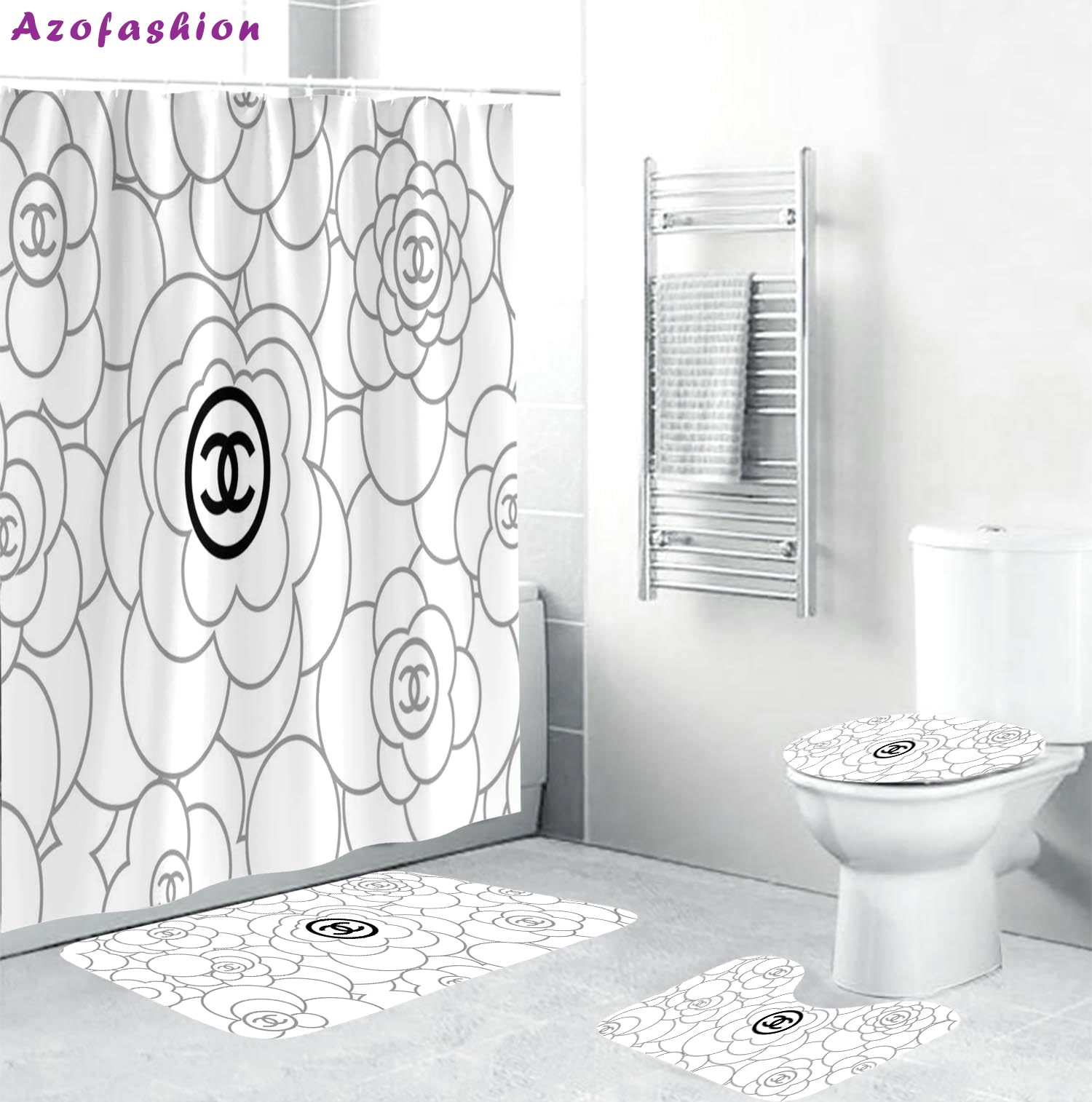 Chanel black signature flowers in white back ground bath mat home decor bathroom sets hypebeast luxury fashion brand Bathroom Set