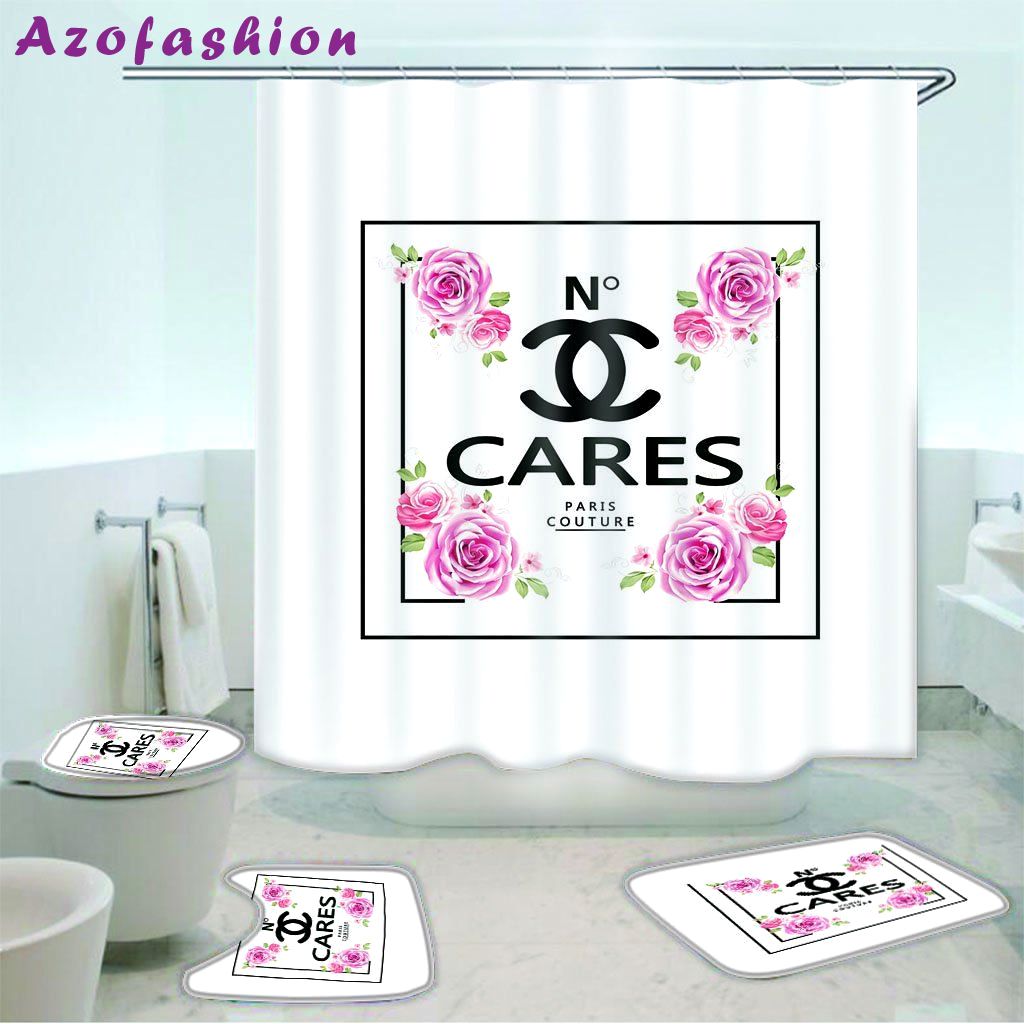 Chanel flowers set shower curtain luxury bathroom mat set luxury hot 2023 26 Bathroom Accessory Sets
