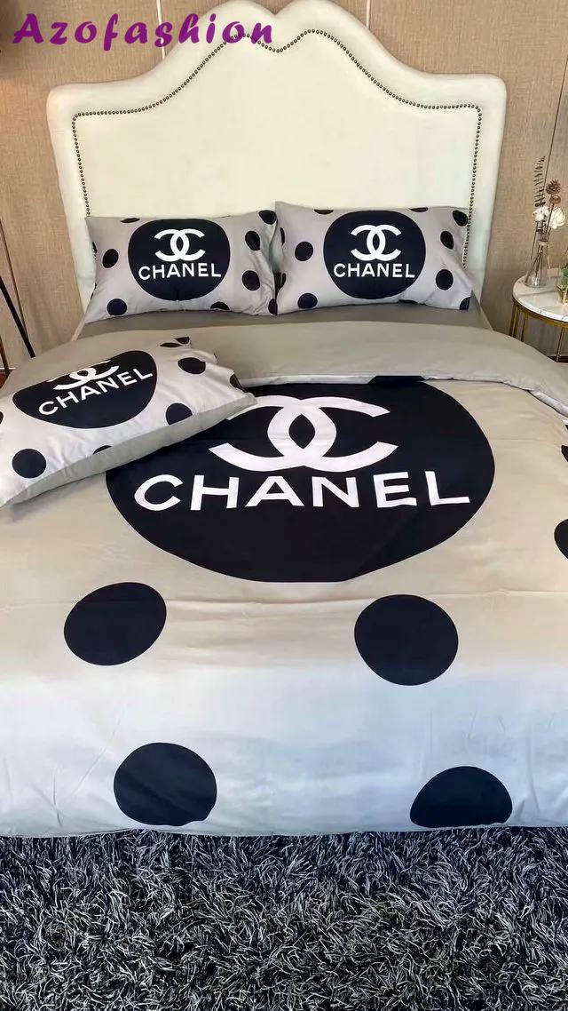 Chanel logo dot printed bedding sets quilt sets duvet cover luxury brand bedding decor bedroom sets best luxury bed sets gift thankgivings and christmas Bedding Sets