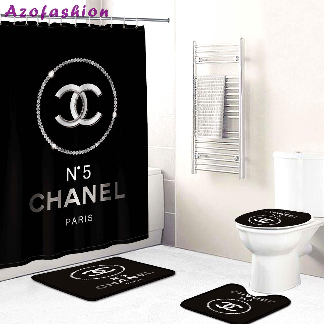 Chanel shower curtain n5 coco chanel black luxury bath mat sets shower curtain 55 Bathroom Set