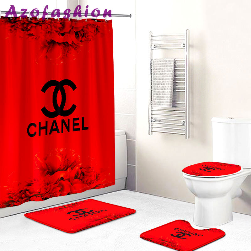 Chanel shower curtain red black logo stripe luxury bath mat sets shower curtain 72 Bathroom Set