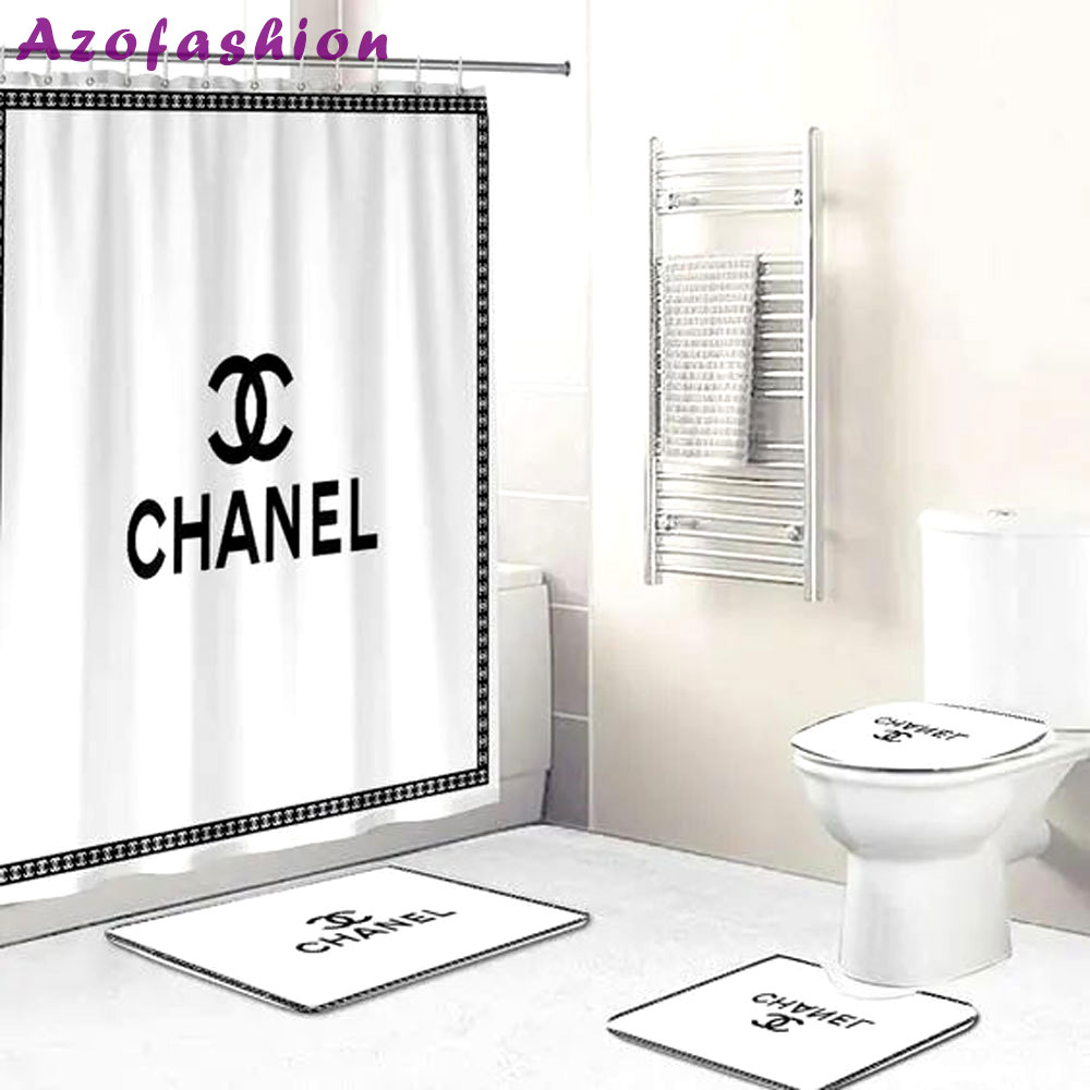 Chanel white logo type 1759 Bathroom Accessory Sets Hypebeast Bathroom Waterproof Shower Curtain Pedestal Rug Bath Mat Set Toilet Cover Luxury Fashion Brand Bathroom Sets Home Decor