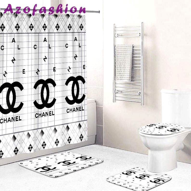 Chanel white logo type 2000 Bathroom Accessory Sets Bathroom Sets Hypebeast Bathroom Luxury Fashion Brand Pedestal Rug Home Decor Toilet Cover Bath Mat Set Waterproof Shower Curtain
