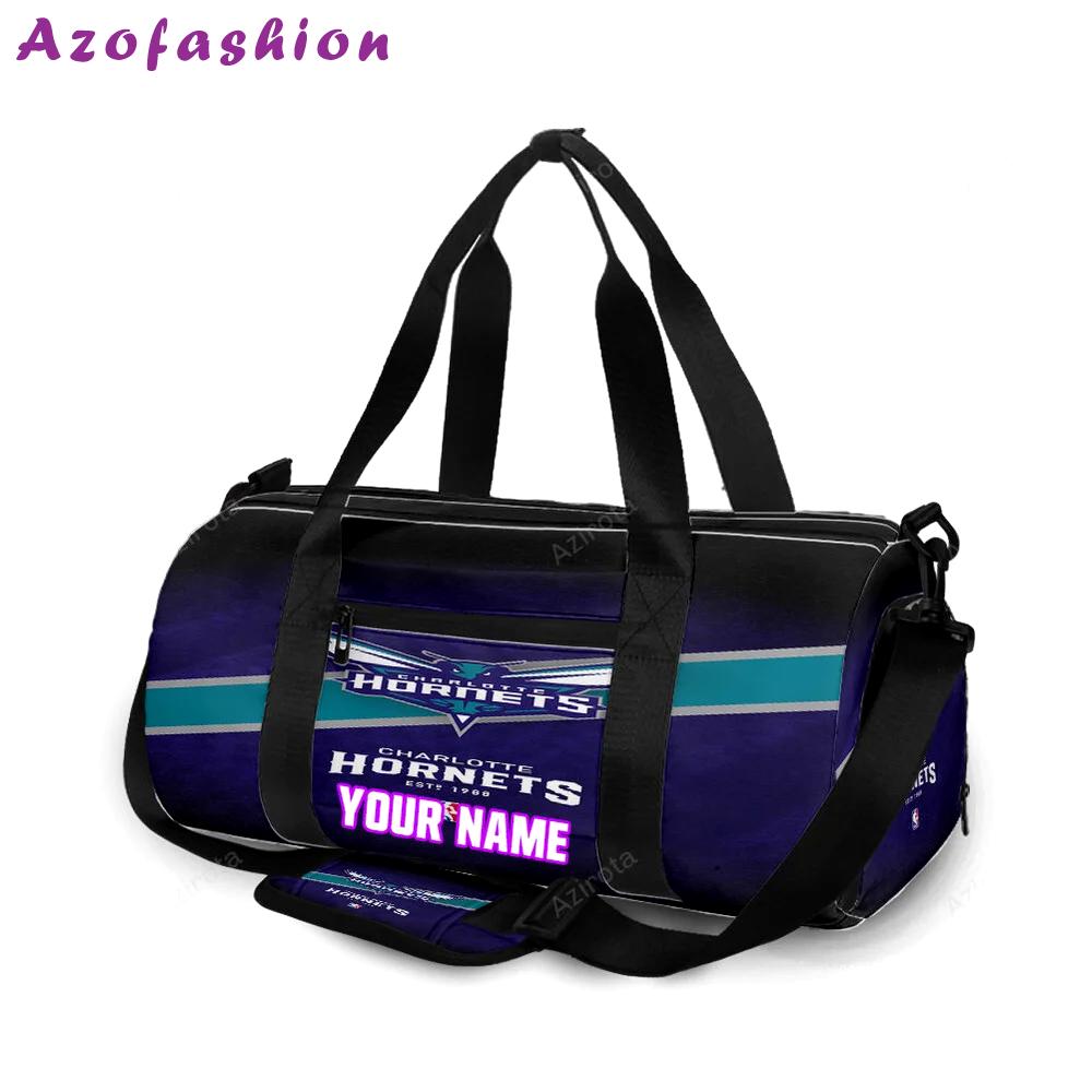 Charlotte hornets navy blue black personalized name travel bag gym bag 833 Travel Bag